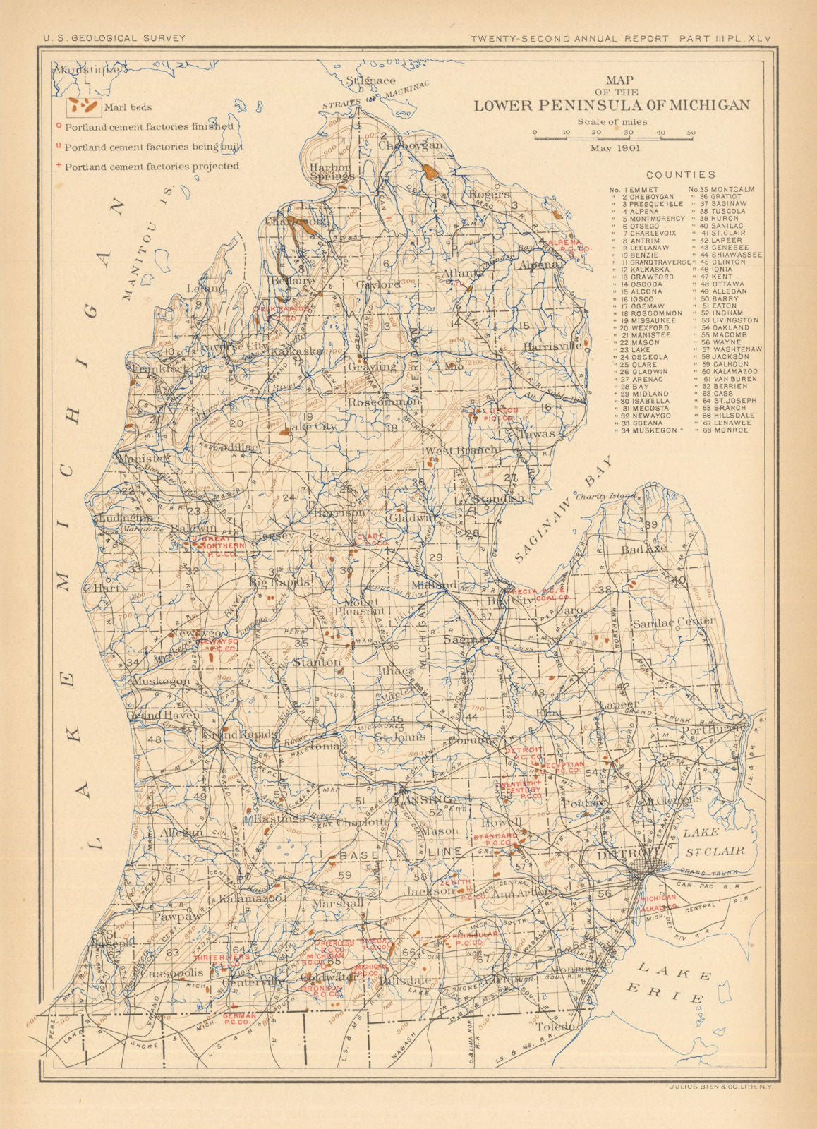 Lower Peninsula of Michigan showing marl beds & cement factories. USGS 1902 map